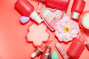 Various cosmetic care products in frosted bottles with dispensers and pipette. Beautiful clean bottles and jars for cream, essence, lotion. Top view