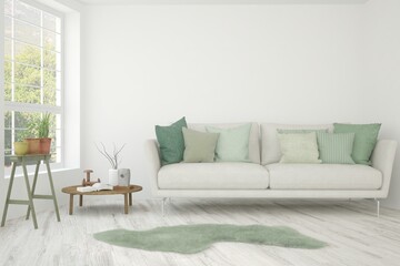 White living room with sofa and summer landscape in window. Scandinavian interior design. 3D illustration