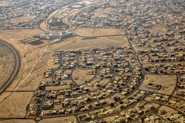 Aerial view of desert Old City Dubai from airplanes.