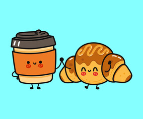 Cute, funny happy croissant and coffee paper cup character. Vector hand drawn cartoon kawaii characters, illustration icon. Funny cartoon croissant and coffee paper cup mascot character concept