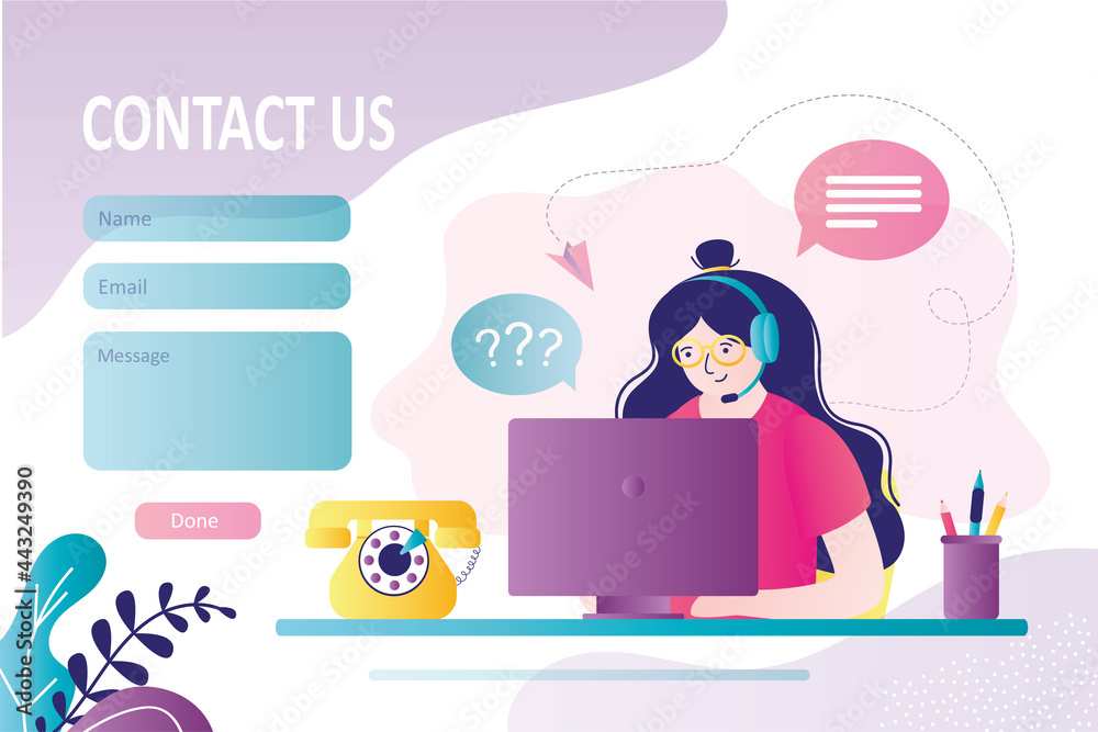Wall mural operator in headphones communicates with clients on various issues. contact us form template. girl f