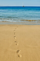 Footprints on sand of tropical beach with beach on background - Peaceful summer concept