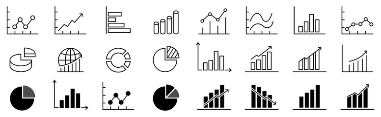 A set of charts and graphs related vector icons for your design. Graphics and statistics icons set. Collection of simple linear web icons, line charts, candlesticks, combined, bar charts, pie charts © Инна Харламова