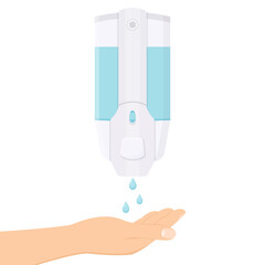 Hand wash. Hand sanitizer. Alcohol-based hand rub. Rubbing alcohol. Wall mounted soap dispenser. Wall hanging hand wash container. Protection from germs such as coronavirus, icon flat design