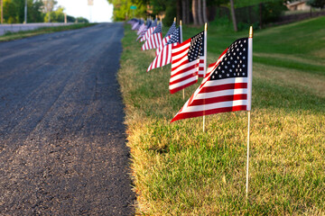 American flags along a walking path on the 4th of July