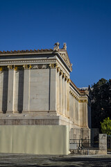 Academy of Athens complex - major landmarks of Athens. Neoclassical Academy building with statues of Greek philosophers and gods designed as part of architectural 