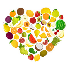 Creative layout with heart shape of various fruits. Heart made from grapes, peach, watermelon, melon, strawberry, lemon, apple, plum. Flat style.