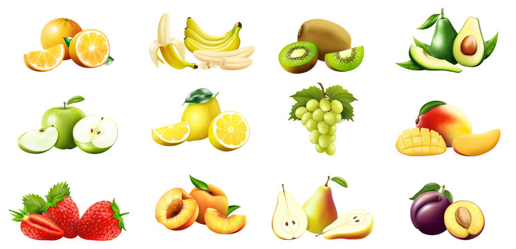 Sweet fruits. Banana, orange, kiwi, avocado, apple, lemon, grapes, mango, strawberry, peach, pear and plum, isolated on a white background. Set of 3D vector icons. Realistic illustrations