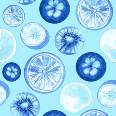 Round tropical fruits seamless watercolor pattern. Summer fresh print in blue with citrus, mangosteen, kiwi, lemon, lime and orange.