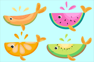 Fruit slice in the shape of a whale. cetacean watermelon, melon, kiwi, orange. splashing juice. slices of tangerine. whales and fruits.