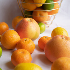 different kind of citrus fruits like grapefruit, oranges, lime, lemons and clementines
