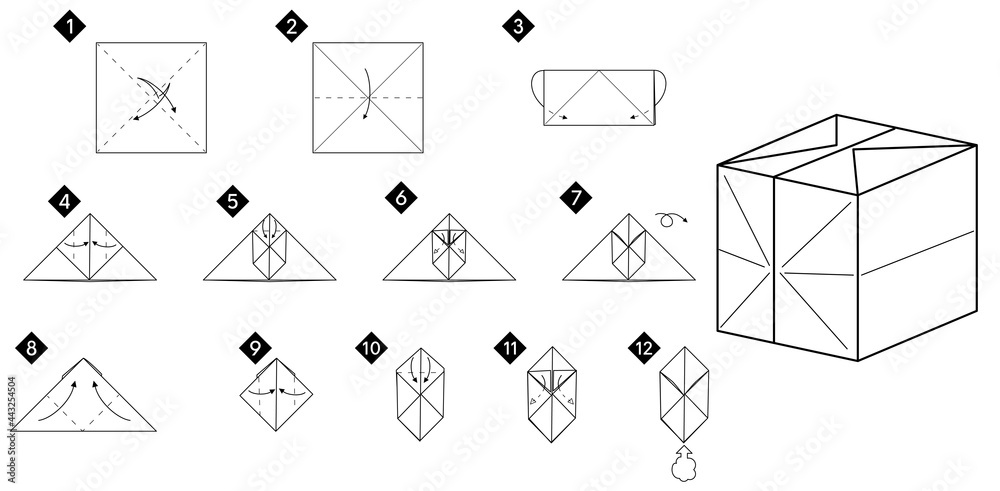 Aufkleber step by step how to make origami 3d cube toy . vector monochrome instructions illustration. black an