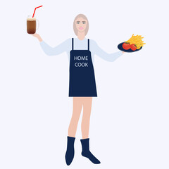 Girl and plate with french fries, tomatoes, glass with smoothies - vector. Online cooking courses. Home kitchen.