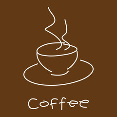 Coffee cup icon, free hand style line icon, white isolated on brown background, vector illustration.