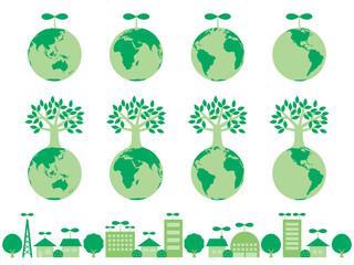 新芽や木が生えている緑の地球のイラストセット 自然保護やエコのイメージ