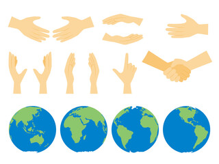 いろんなジェスチャーの手と地球のイラストセット 地球環境を守るイメージ