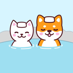 Cute cartoon cat and dog in Japanese Onsen