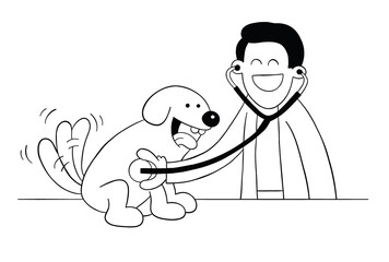 Cartoon veterinarian examining dog with stethoscope, vector illustration