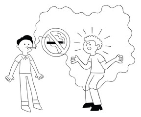 Cartoon man smoking in a place where smoking is prohibited and the other man getting angry, vector illustration