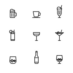 Various drinks universal symbols. Restaurant, cafe, pub or bar icon set. Minimalist kitchen icon. Glasses set. Illustration 8 eps lines editable.