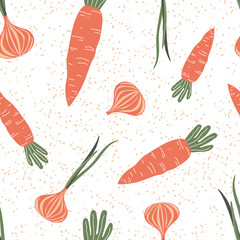 Carrots and onions. Vegetable seamless modern pattern. Print on fabric, decorative pillows, kitchen textiles. 