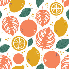 Seamless pattern Orange, Lemon. and leaf isolated on white backgroud