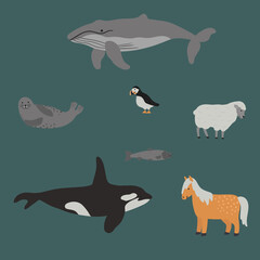 Iceland cute animals vector illustration set