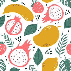 Seamless pattern fruits and leaf isolated on white backgroud. Mango, Dragon fruit, Strawberry, Banana, Lemon, Pomegranate. Vector illustration.