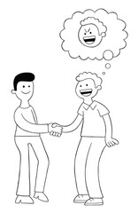 Cartoon two men shake hands and look happy but one of them is malicious, vector illustration