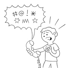 Cartoon bad words are spoken to the man on the phone, swearing, vector illustration