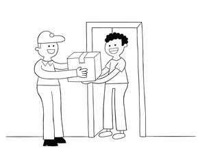 Cartoon courier brings the parcel, the customer receives the parcel, vector illustration