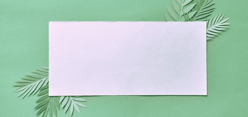 Summer background with colorful paper tropical leaves and paper blank.