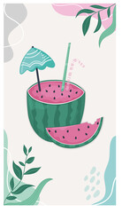 Abstract background template. Boho background with abstract stains and pastel colors, watermelon cocktail.