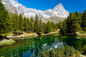 Panorama alpino con un laghetto circondato di abeti e le cime delle montagne sullo sfondo con il...