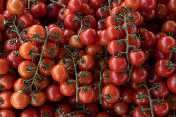 Heap of Ripe red small cherry tomatoes. Harvest market tomato full frame