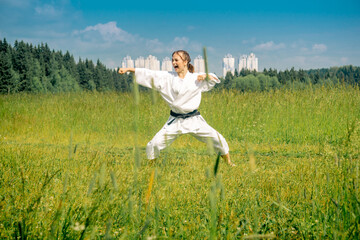 teen girl training karate kata outdoors in the meadow against the background of the city
