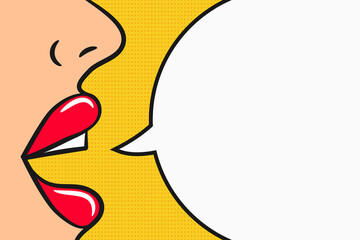 Girl says information with comic speech bubble. Pop art style illustration. Concept of advertisement, announcement of information and attraction of attention. Vector illustration. - obrazy, fototapety, plakaty