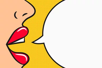 Tuinposter Girl says information with comic speech bubble. Pop art style illustration. Concept of advertisement, announcement of information and attraction of attention. Vector illustration. © Roman