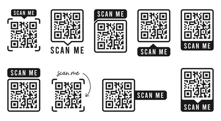 QR code set. Template of frames with text - scan me and QR code for smartphone, mobile app, payment and discounts. Quick Response codes. Vector illustration. - obrazy, fototapety, plakaty
