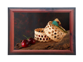 artificial cherry on wooden background