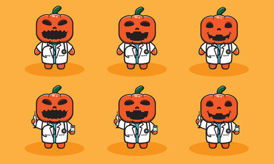 Fototapeta premium Vector illustration of cute Pumpkin Halloween cartoon with Doctor Costume. Good for icon, logo, label, sticker, clipart.