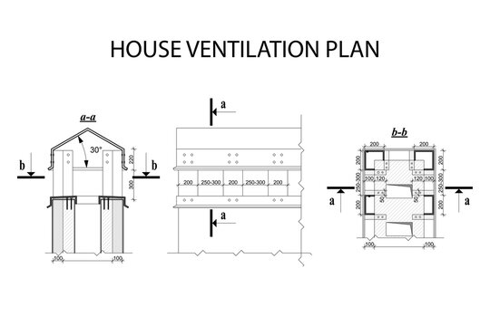 House ventilation plan, detailed architectural technical drawing, vector blueprint