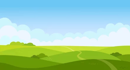 Foto op Aluminium Valleilandschap in vlakke stijl. Cartoon weidelandschap met gras. Blauwe lucht met witte wolken. Leeg groen veld met bomen en weg. Zomerdag. Groene heuvels achtergrond, lege open plek sjabloon. Vector © Anna