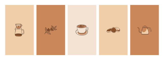 Set of abstract creative backgrounds coffee linear icons. Vector design templates for social media stories. - 443259911