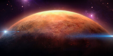 Obraz na płótnie Canvas Image of the planet on the background of stars and nebula and light glare