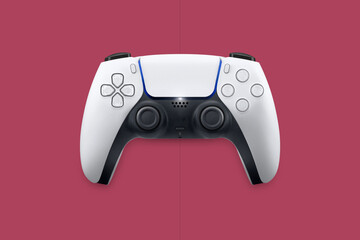 Next generation white game controller isolated on cosmic red background. Top view.