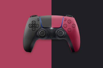 Next generation game controller isolated on background. Half and half white and red. Top view.
