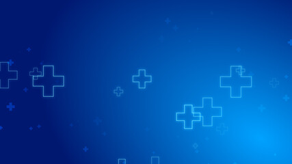 Medical health blue cross neon light shapes pattern healthcare technology background.