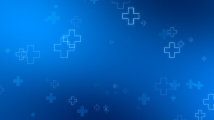 Abstract medical blue cross neon light shapes pattern background.