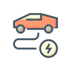Electric vehicle (EV) vector icon. Consist of car, cable or wire and electrical sign. That for charge, recharge and supply green power energy to rechargeable battery for transportation. 48x48 pixel.
